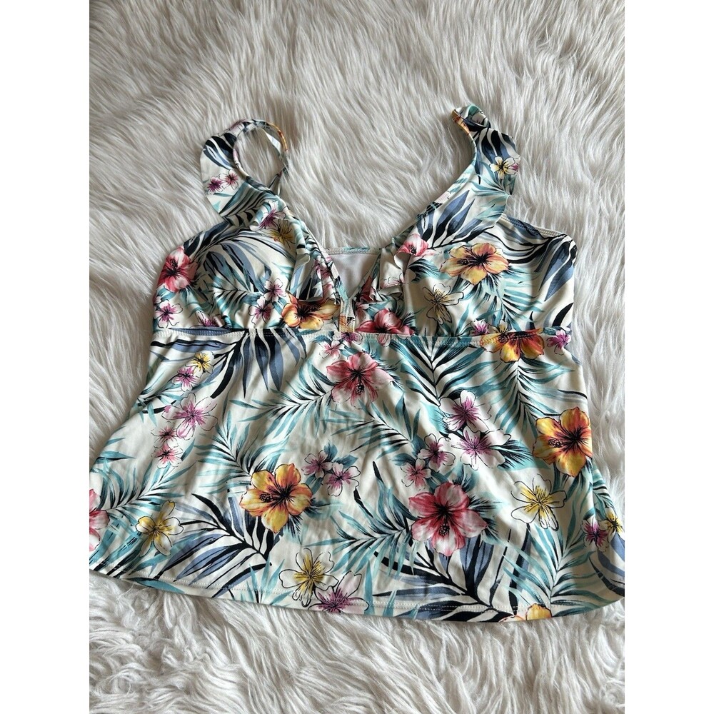Time & Tru Women’s Floral Ruffle Tankini Swim Top L 12-14 Adjustable Beach